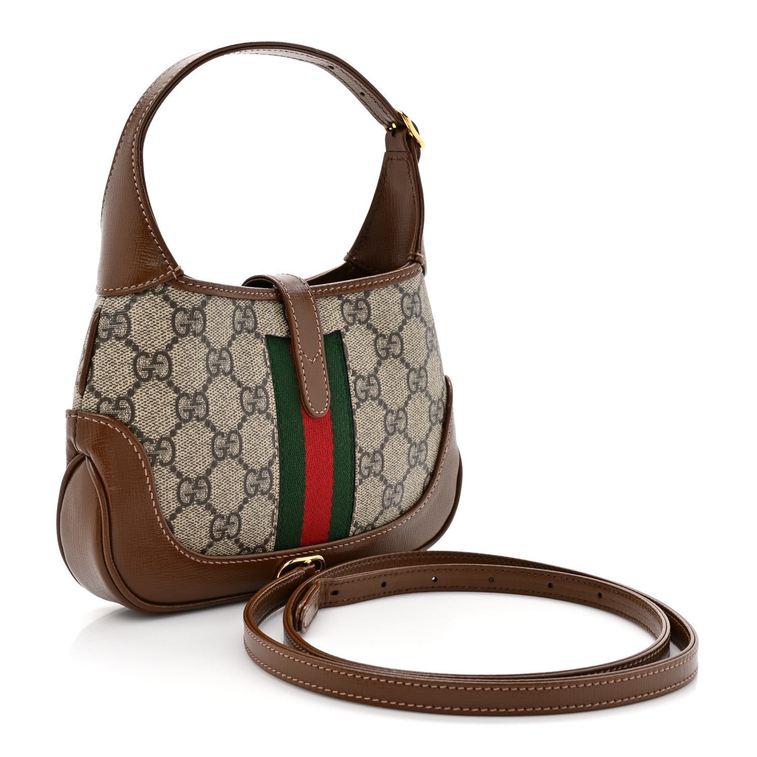 GG Supreme Monogram Azalea Calfskin Web Mini Jackie 1961 Hobo Beige Ebony Brown Sugar