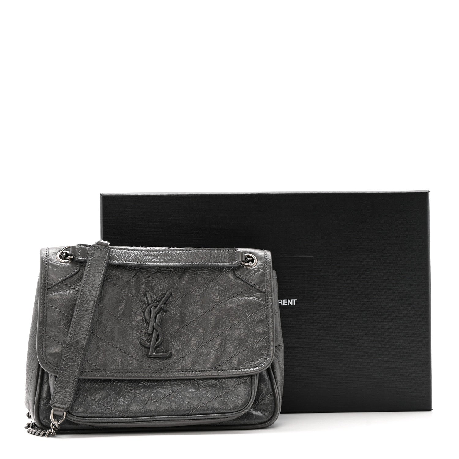 Crinkled Calfskin Matelasse Monogram Baby Niki Chain Satchel Storm