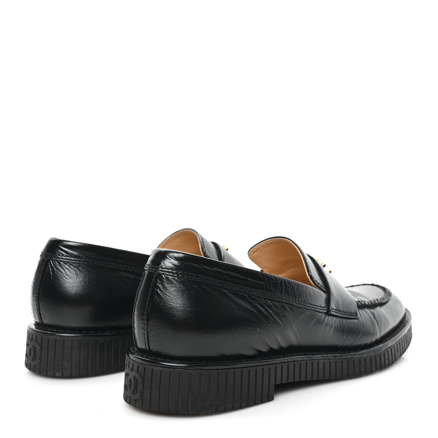 Shiny Crumpled Calfskin CC Mocassin Loafers 38.5 Black