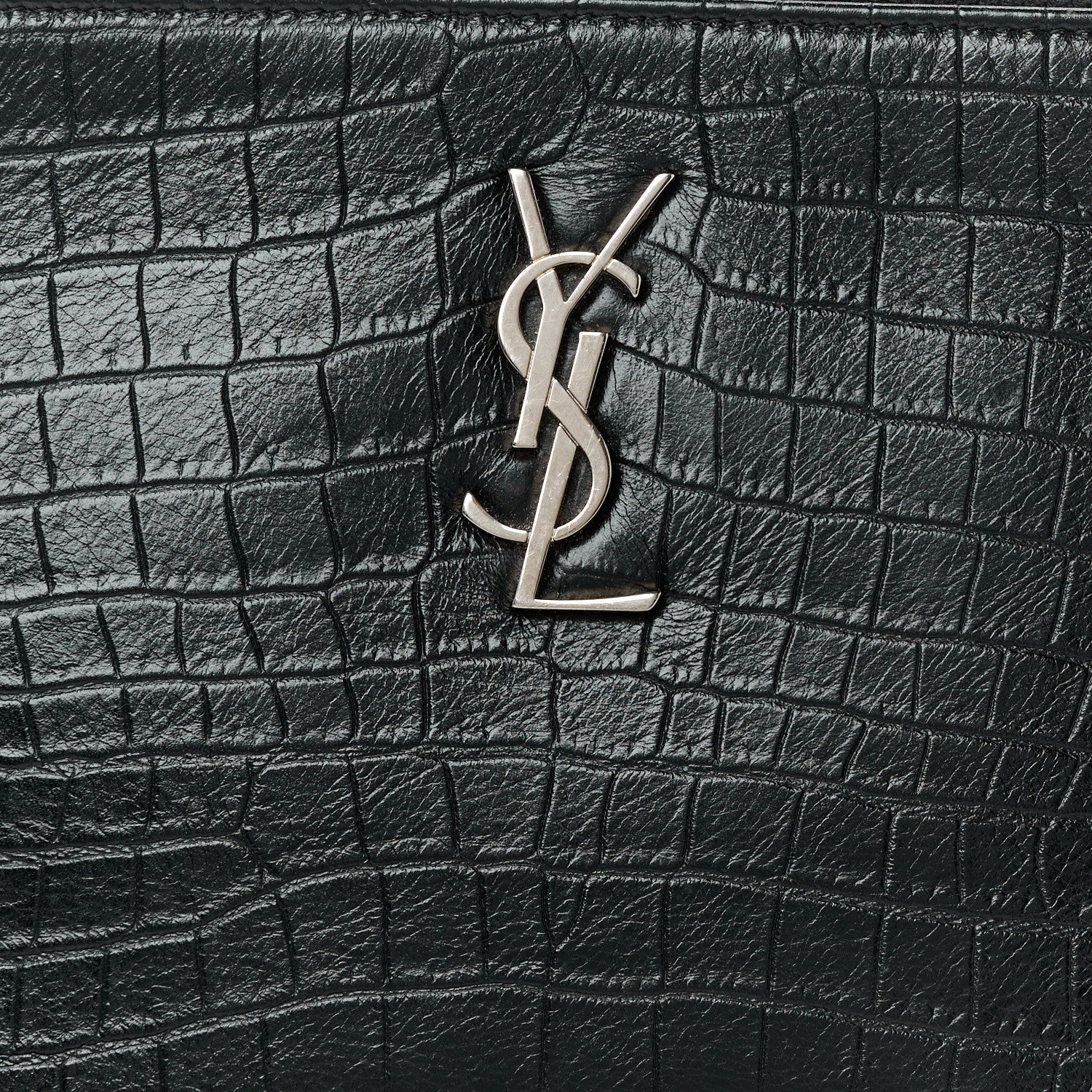 Calfskin Crocodile Embossed Monogram Zip Pouch Black