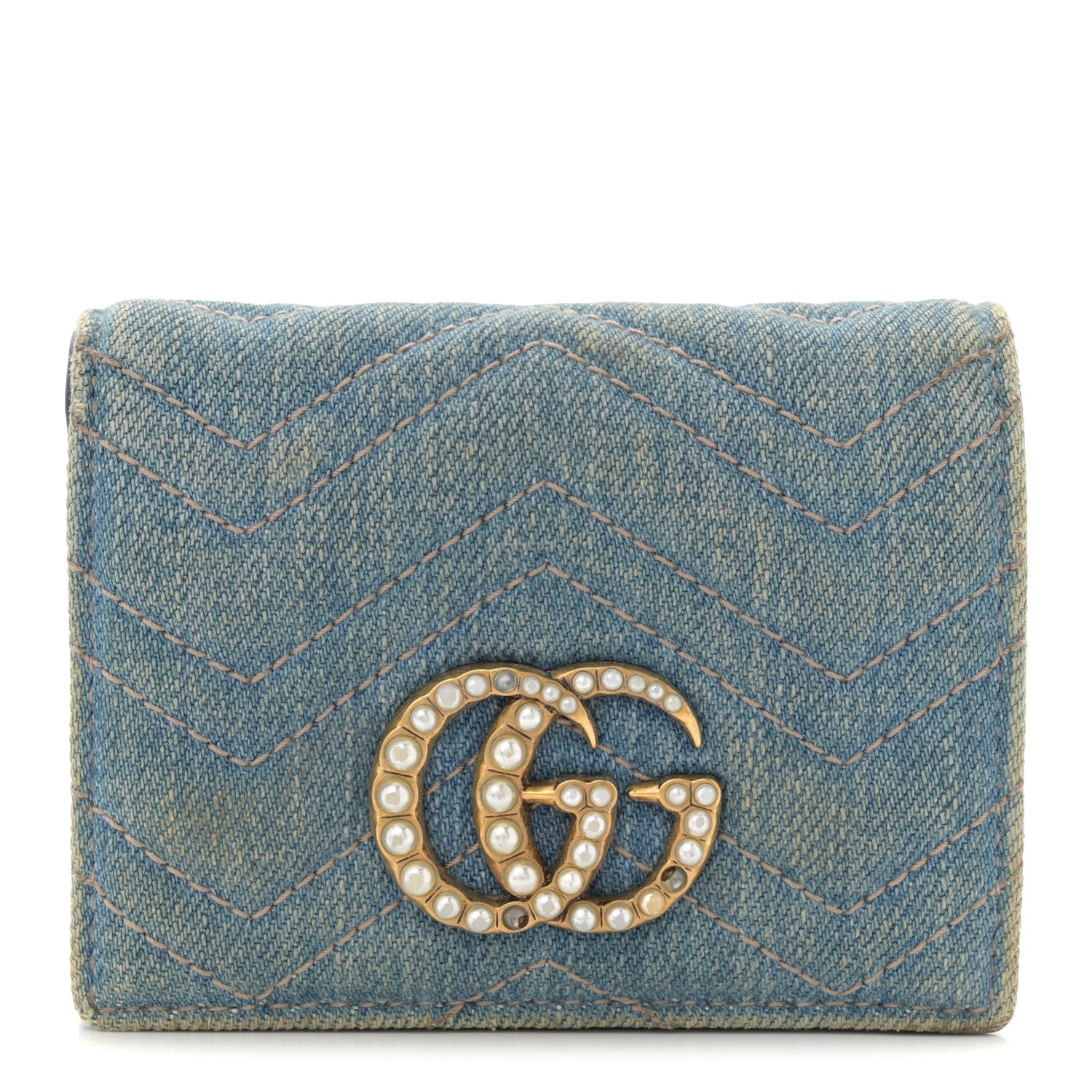 Denim Matelasse Pearly GG Marmont Card Case Wallet Blue