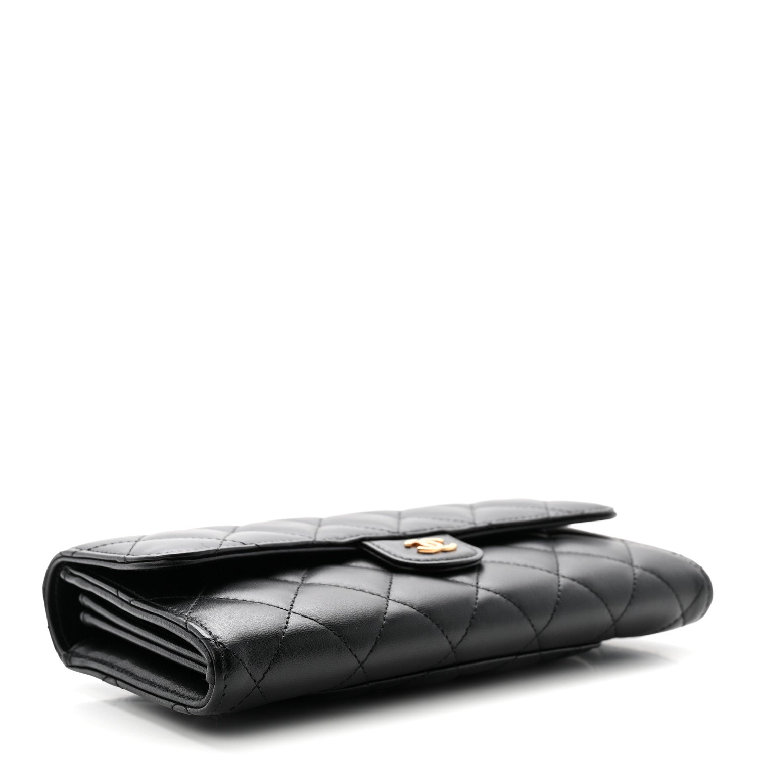 Lambskin Quilted Large Gusset Flap Wallet Black