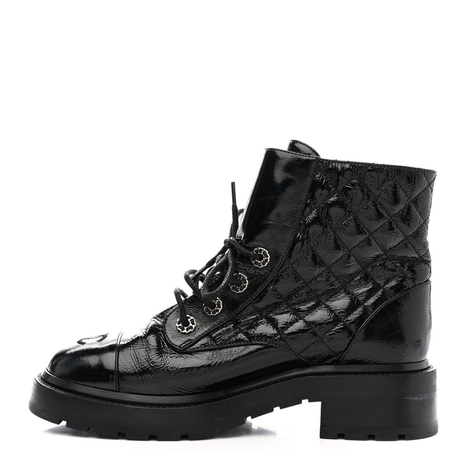 Shiny Lambskin Quilted Lace Up Combat Boots 38.5 Black