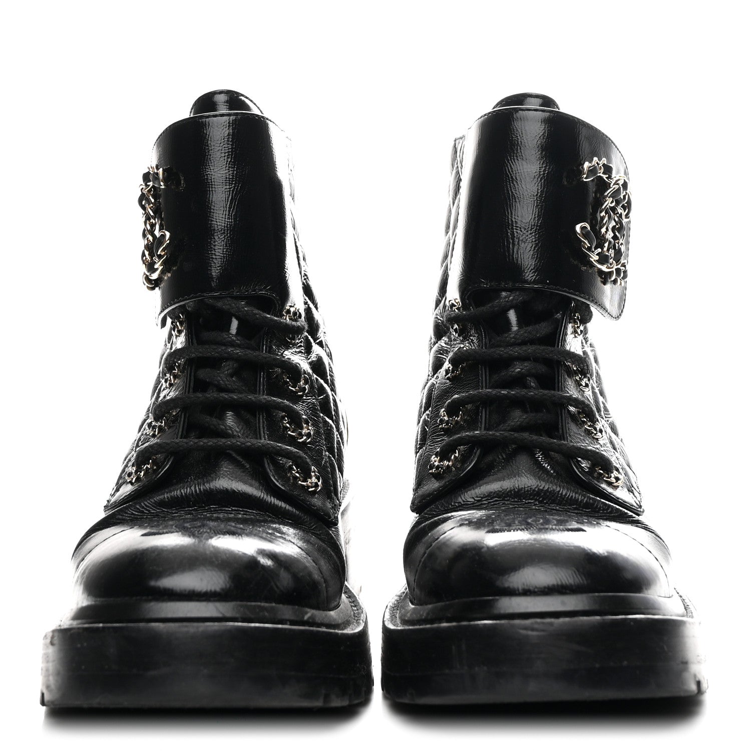 Shiny Goatskin Calfskin Quilted Lace Up Combat Boots 37 Black