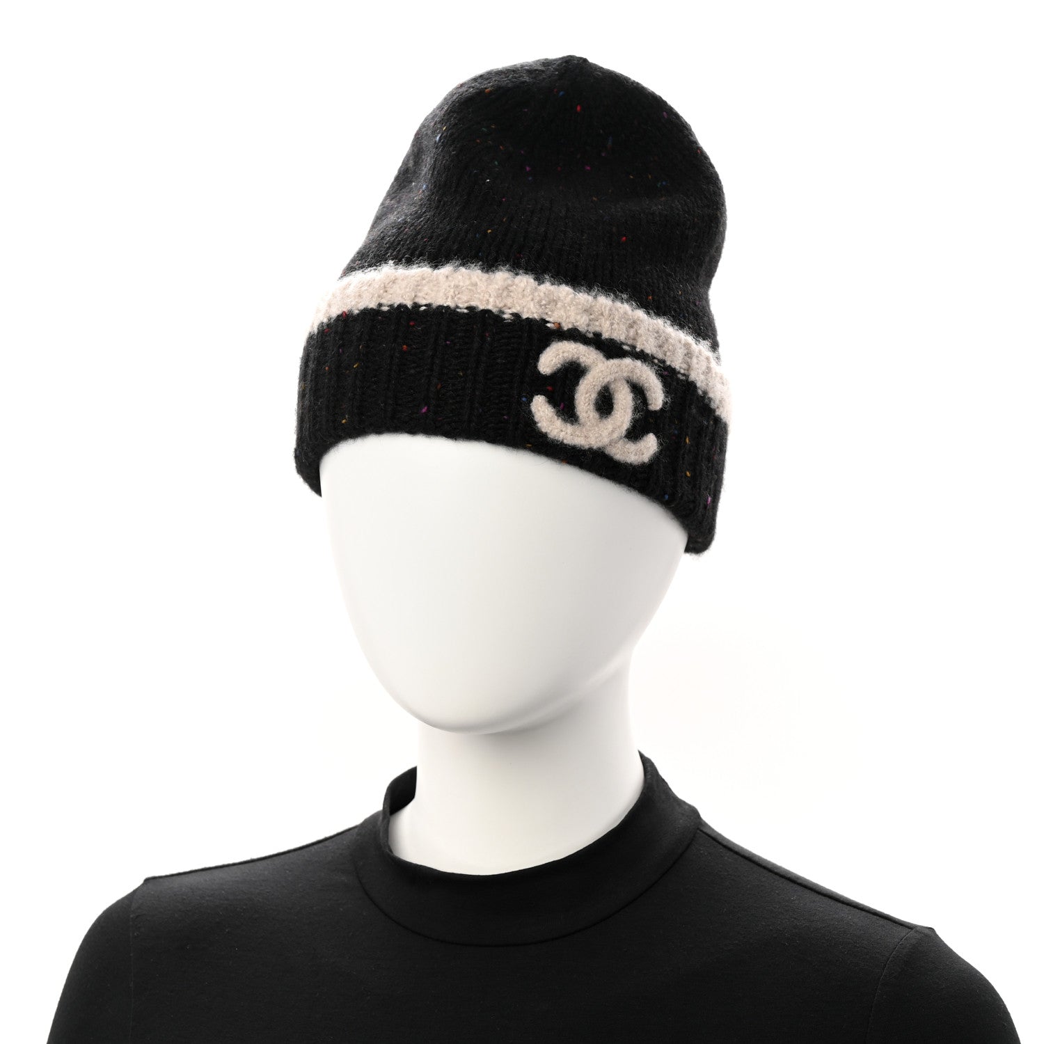 Cashmere Silk CC Beanie Hat Black Ecru