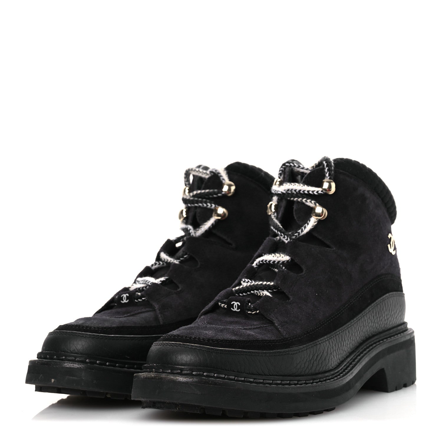 Suede Grained Calfskin CC Lace Up Boots 38 Black