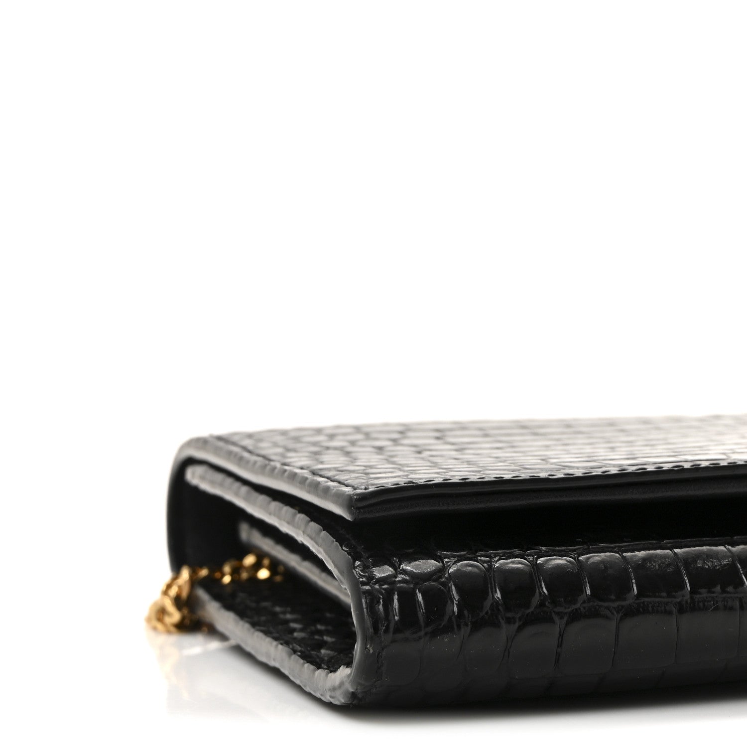 Calfskin Crocodile Embossed Monogram Chain Wallet Black
