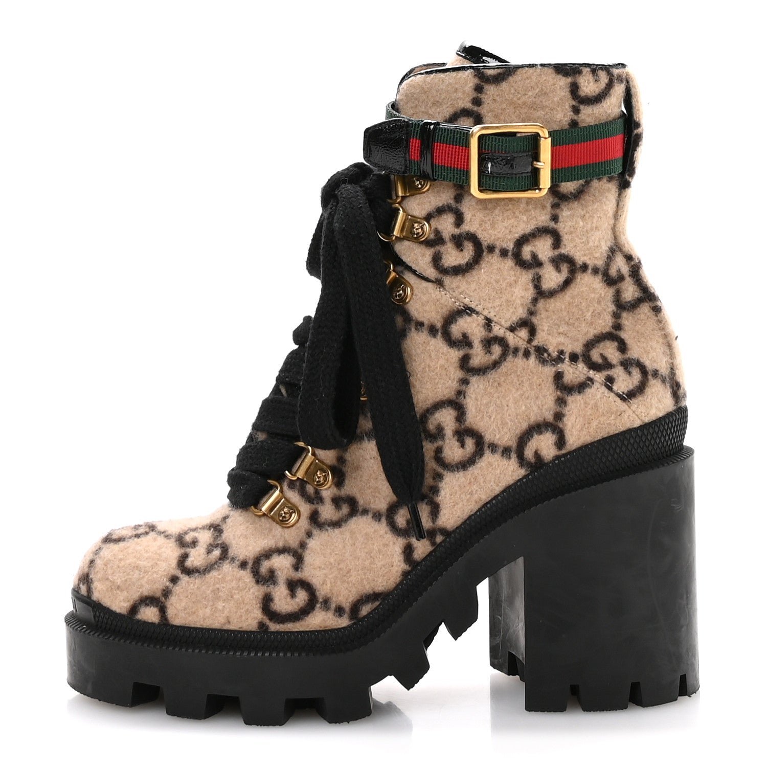 Covered Wool GG Monogram Womens Lace Up Combat Ankle Boots 35 Beige Ebony Black