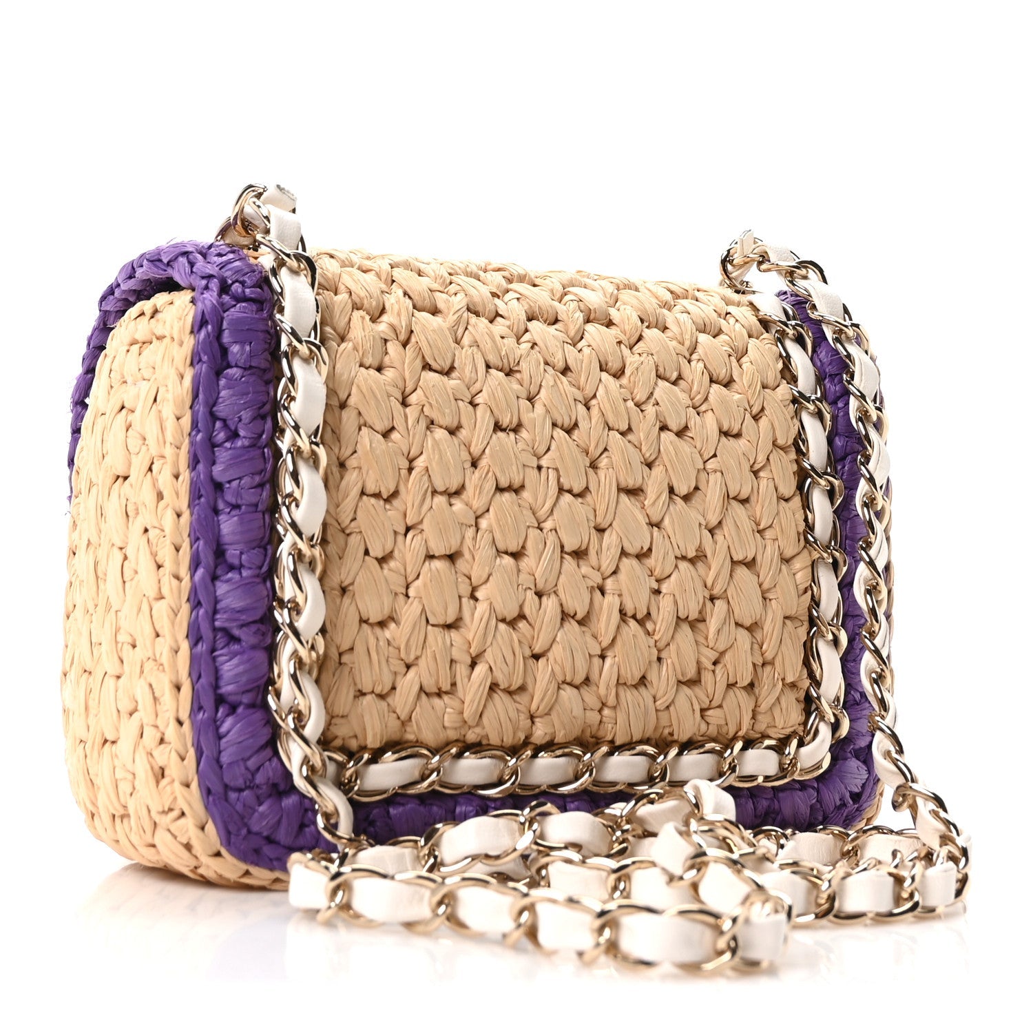 Raffia Chain Venice Beach Mini Flap Bag Beige Purple