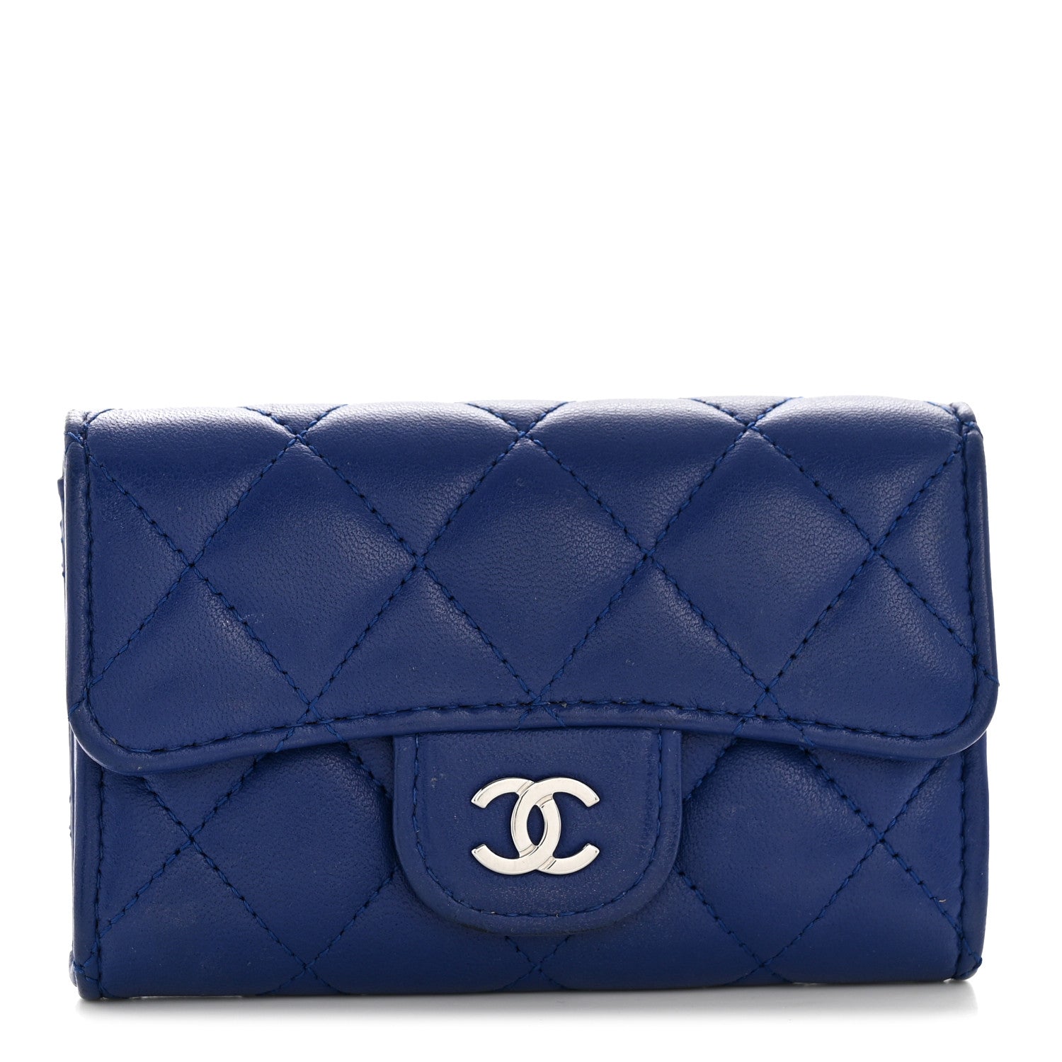 Lambskin Quilted Flap Card Holder Wallet Blue