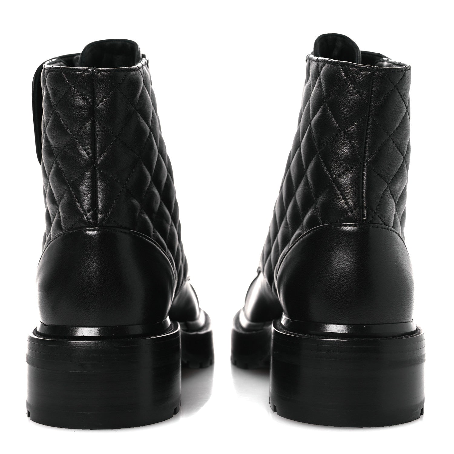 Shiny Lambskin Quilted Lace Up Combat Boots 37 Black