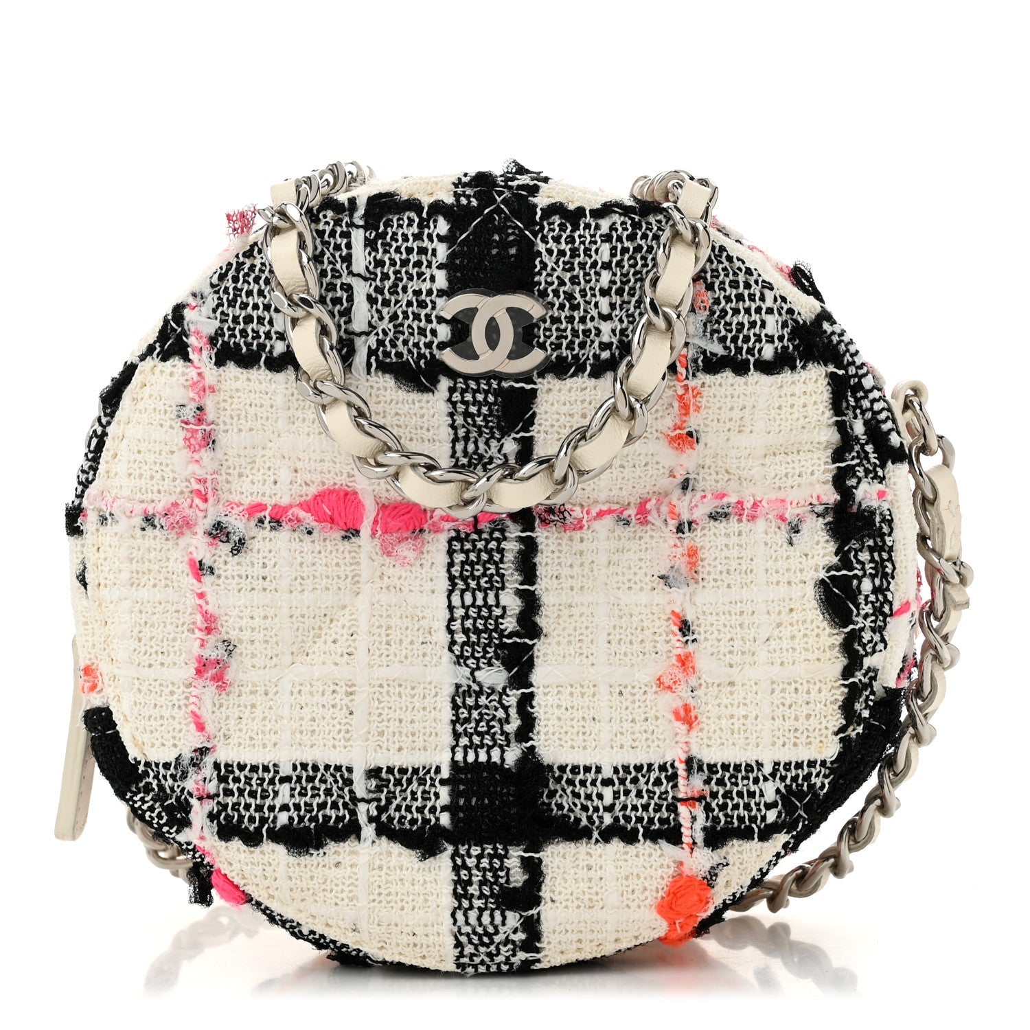 Tweed Quilted Round Clutch With Chain Black White Multicolor