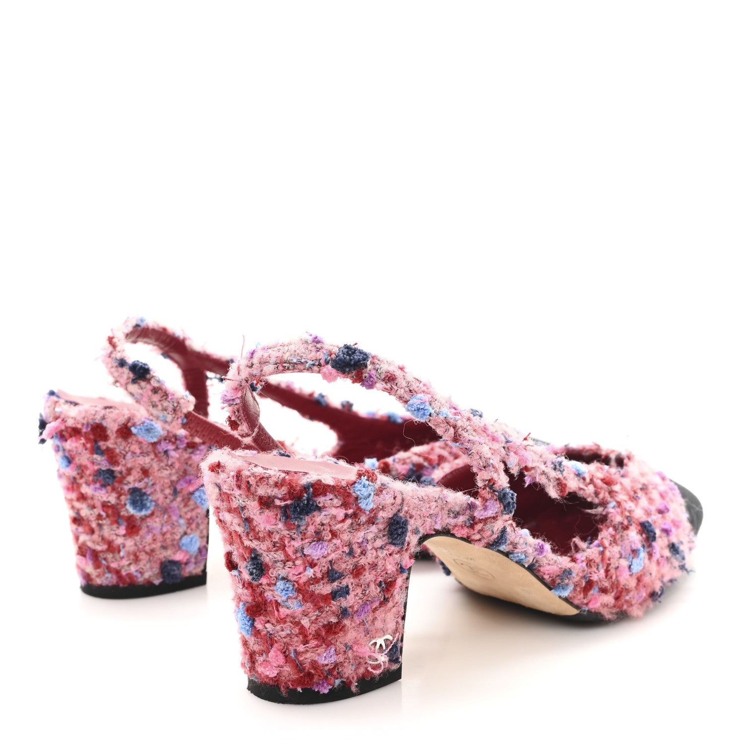 Tweed Grosgrain Cap Toe CC Slingback Pumps 36.5 Pink Black
