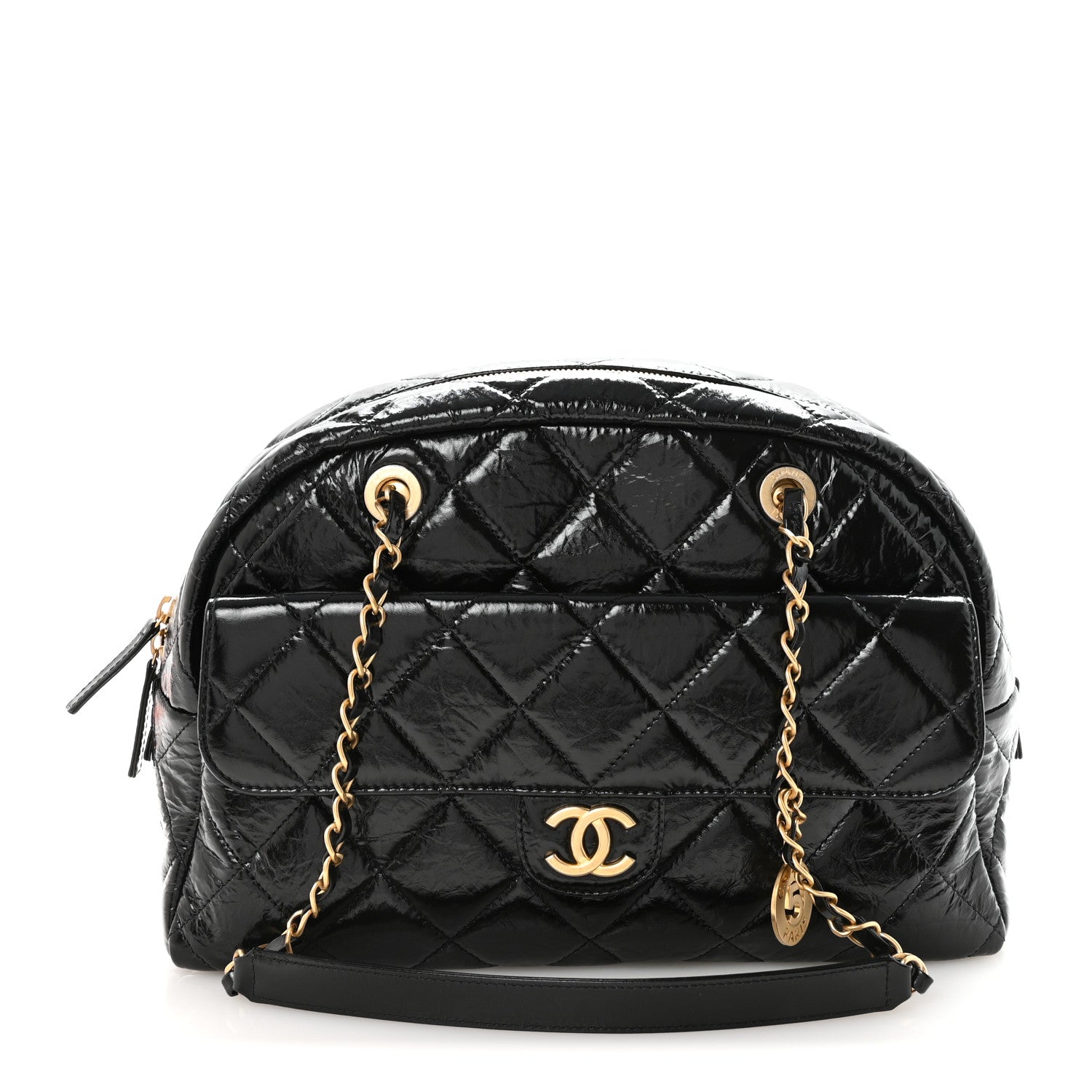 Shiny Crumpled Calfskin Quilted Large Bowling Bag Black