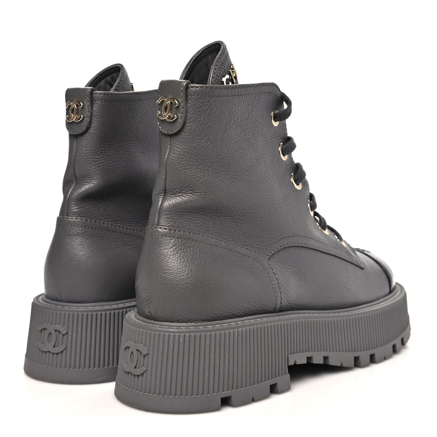 Grained Calfskin Shiny Calfskin CC Lace Up Combat Boots 39.5 Grey
