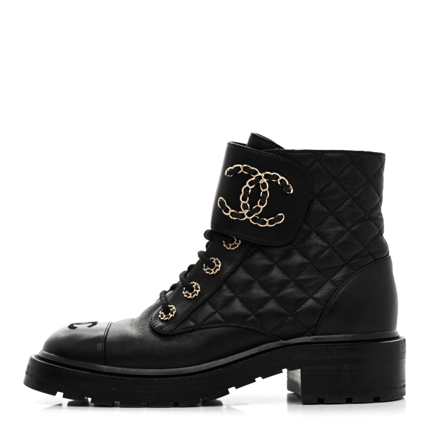 Shiny Lambskin Quilted Lace Up Combat Boots 38 Black