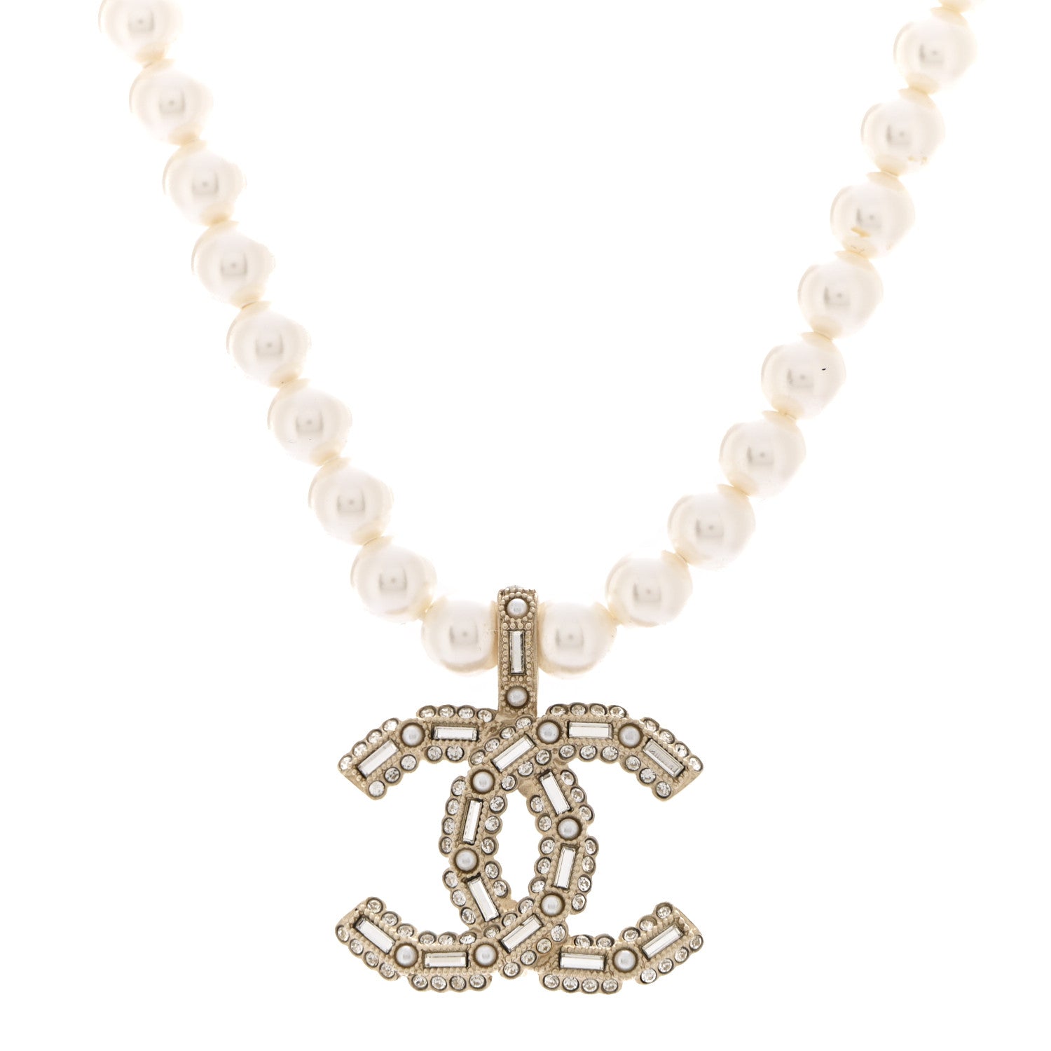 Pearl Crystal Baguette CC Short Necklace Gold