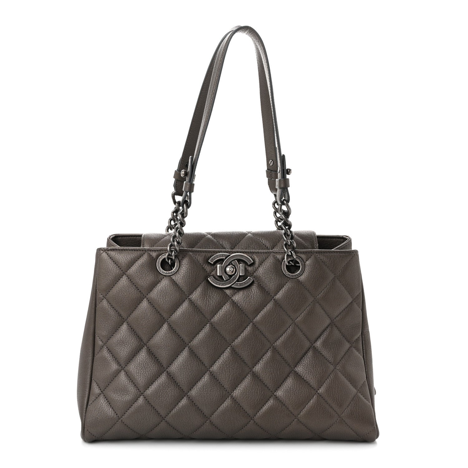 Metallic Goatskin Quilted Large City Rock Shopping Bag Silver