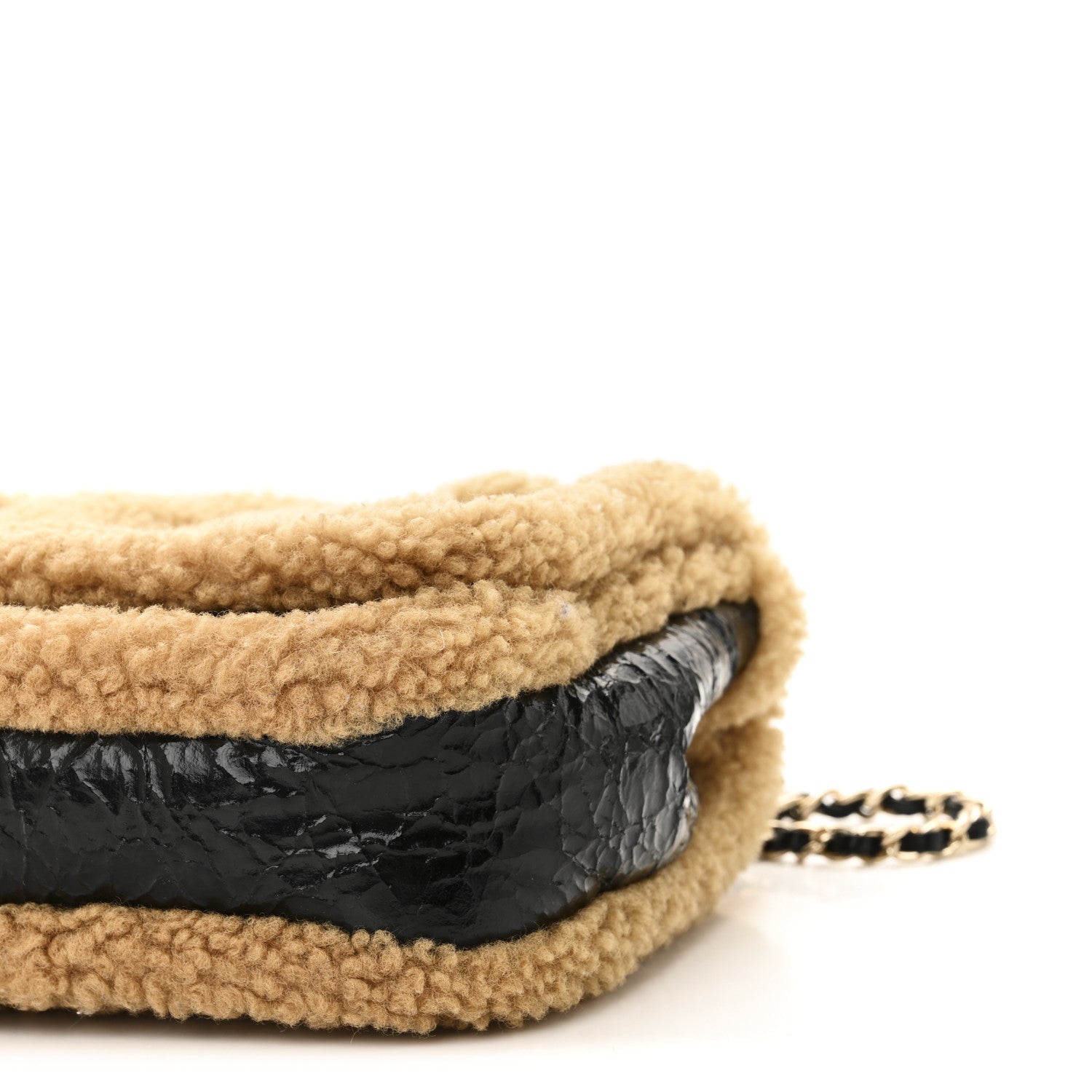 Shiny Crumpled Sheepskin Shearling CC Mania Flap Bag Black Beige