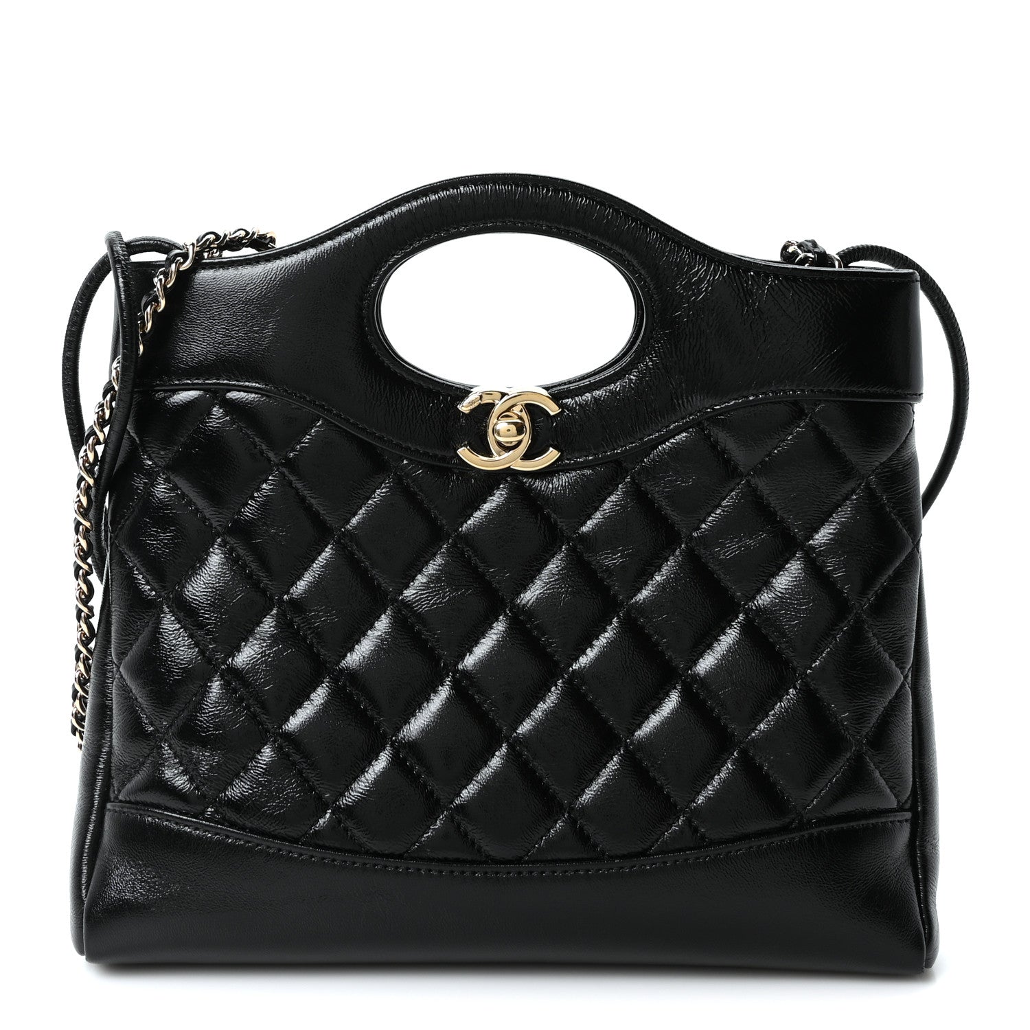 Shiny Crumpled Calfskin Quilted Mini 31 Shopping Bag Black