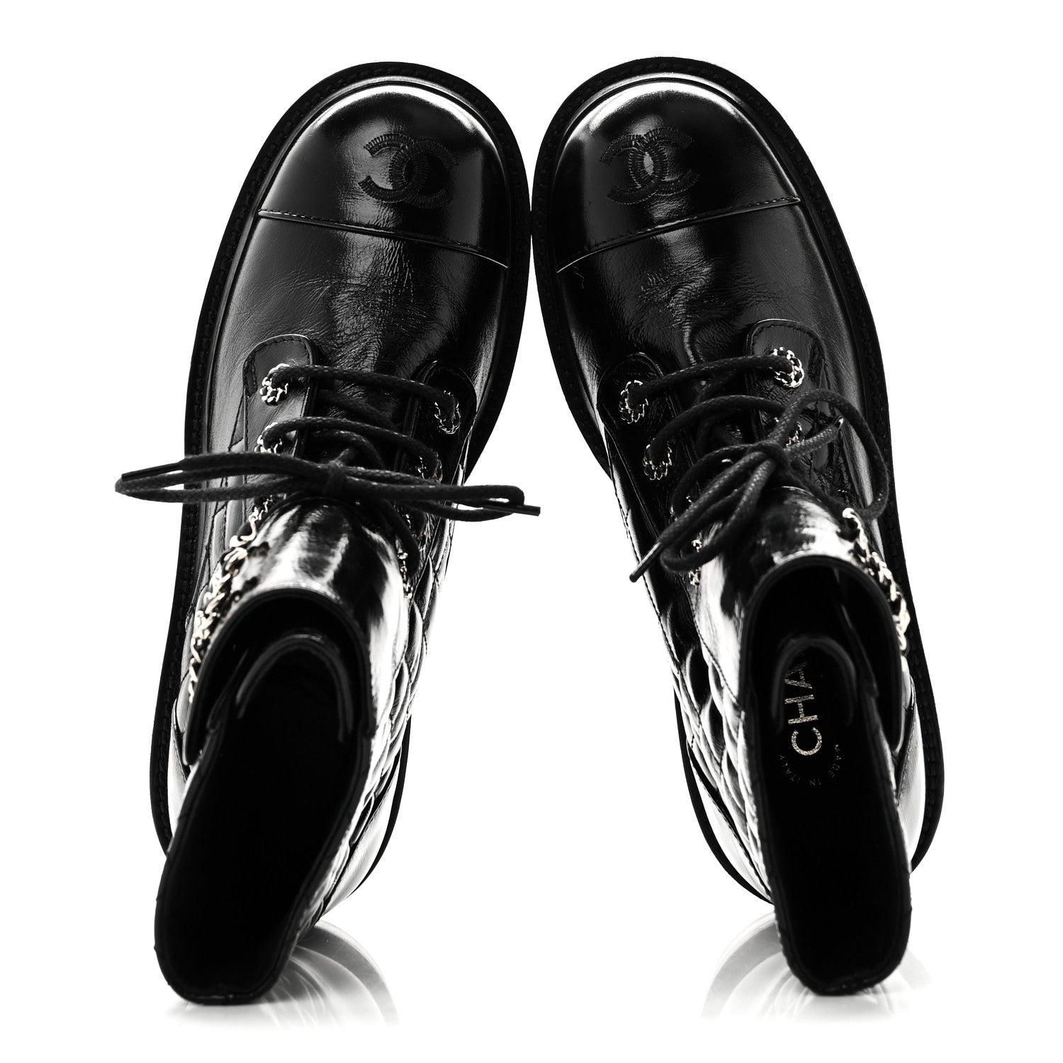 Shiny Lambskin Quilted Lace Up Combat Boots 38.5 Black
