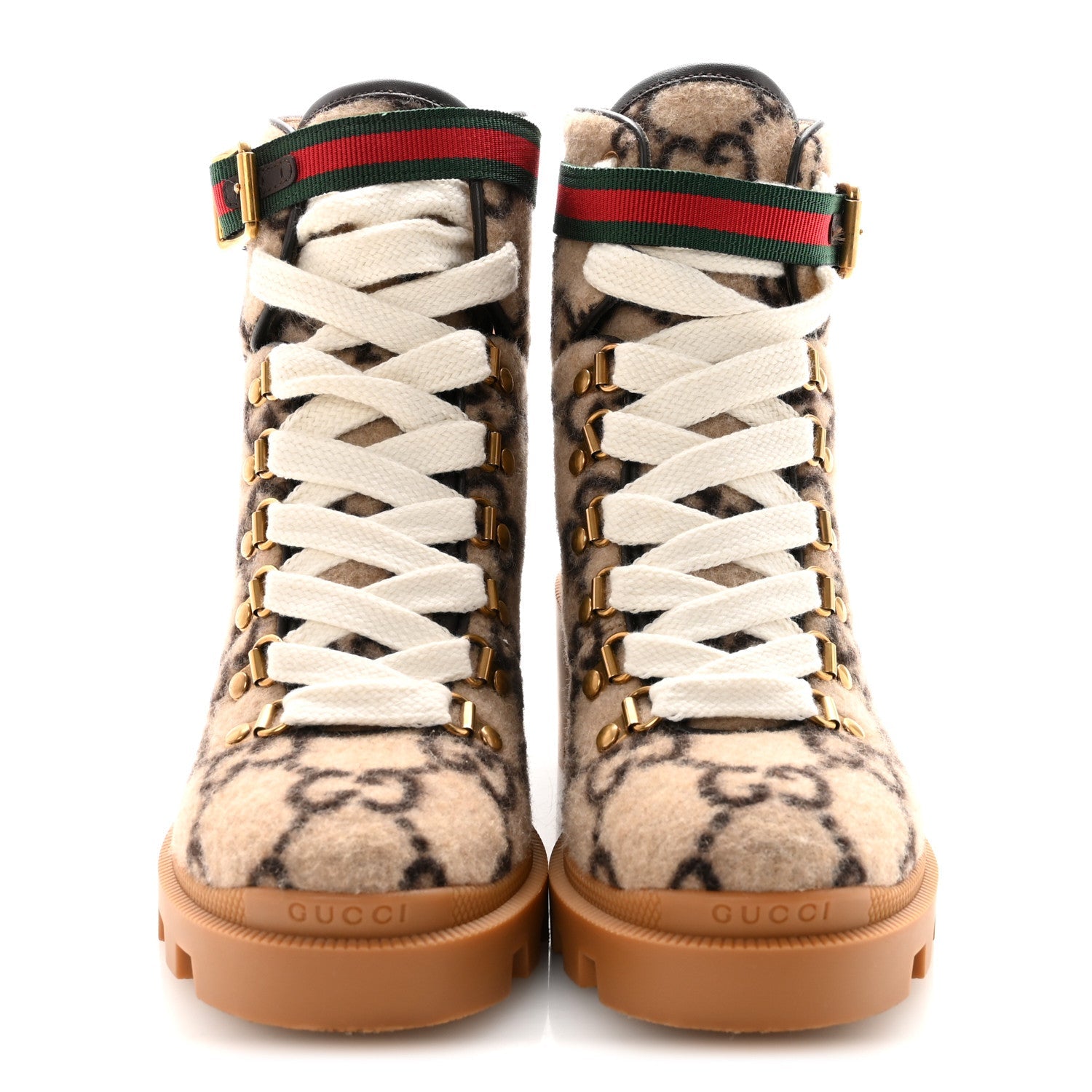 Covered Wool Big GG Monogram Womens Lace Up Combat Ankle Boots 36 Beige Ebony Cocoa