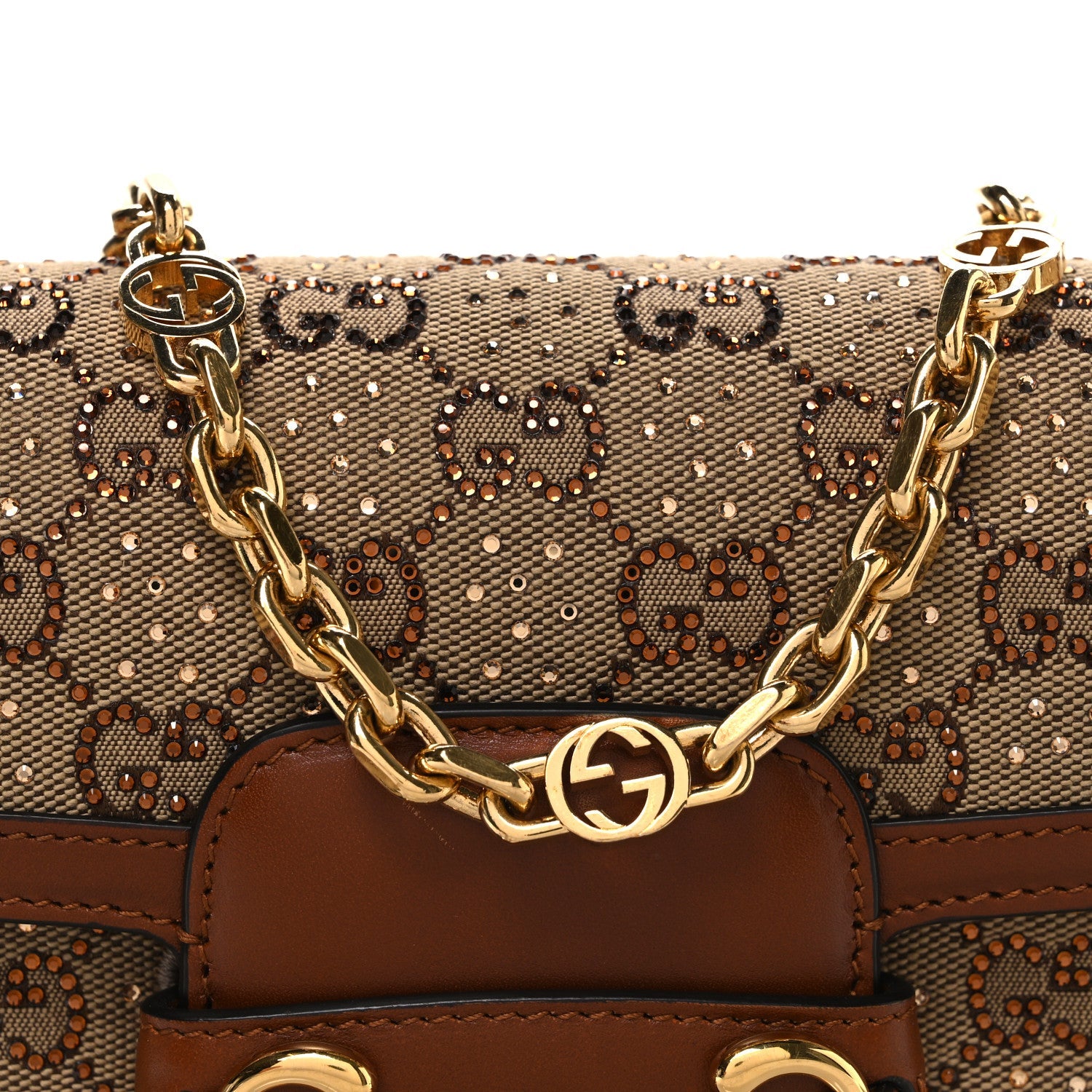New Canvas Charisma Calfskin Crystal GG Monogram Mini Horsebit 1955 Shoulder Bag Camel Ebony