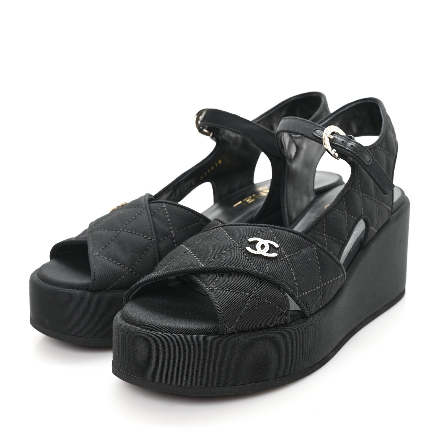Grosgrain Quilted Crystal CC Platform Sandals 39.5 Black