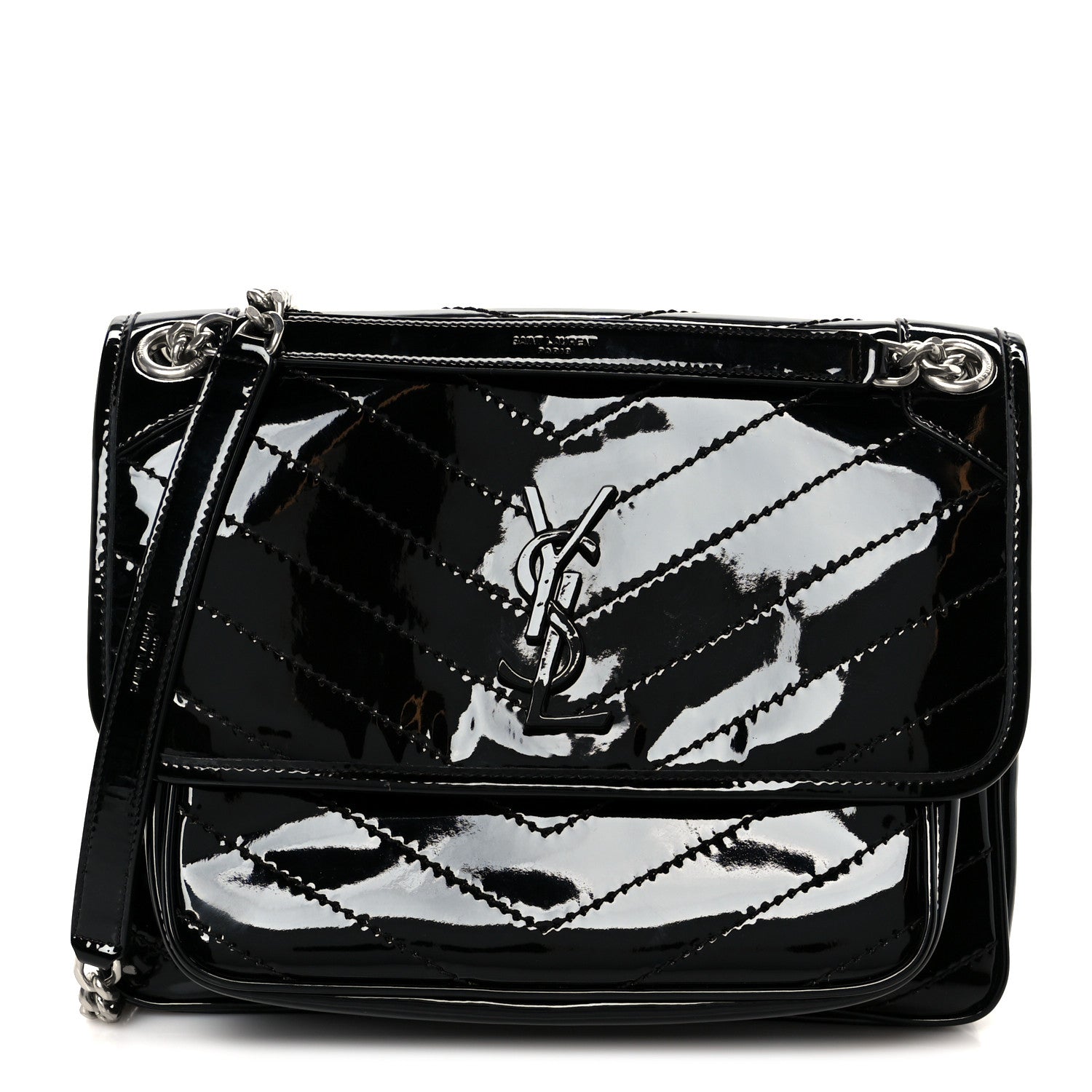 Faux Patent Matelasse Monogram Medium Niki Chain Satchel Black