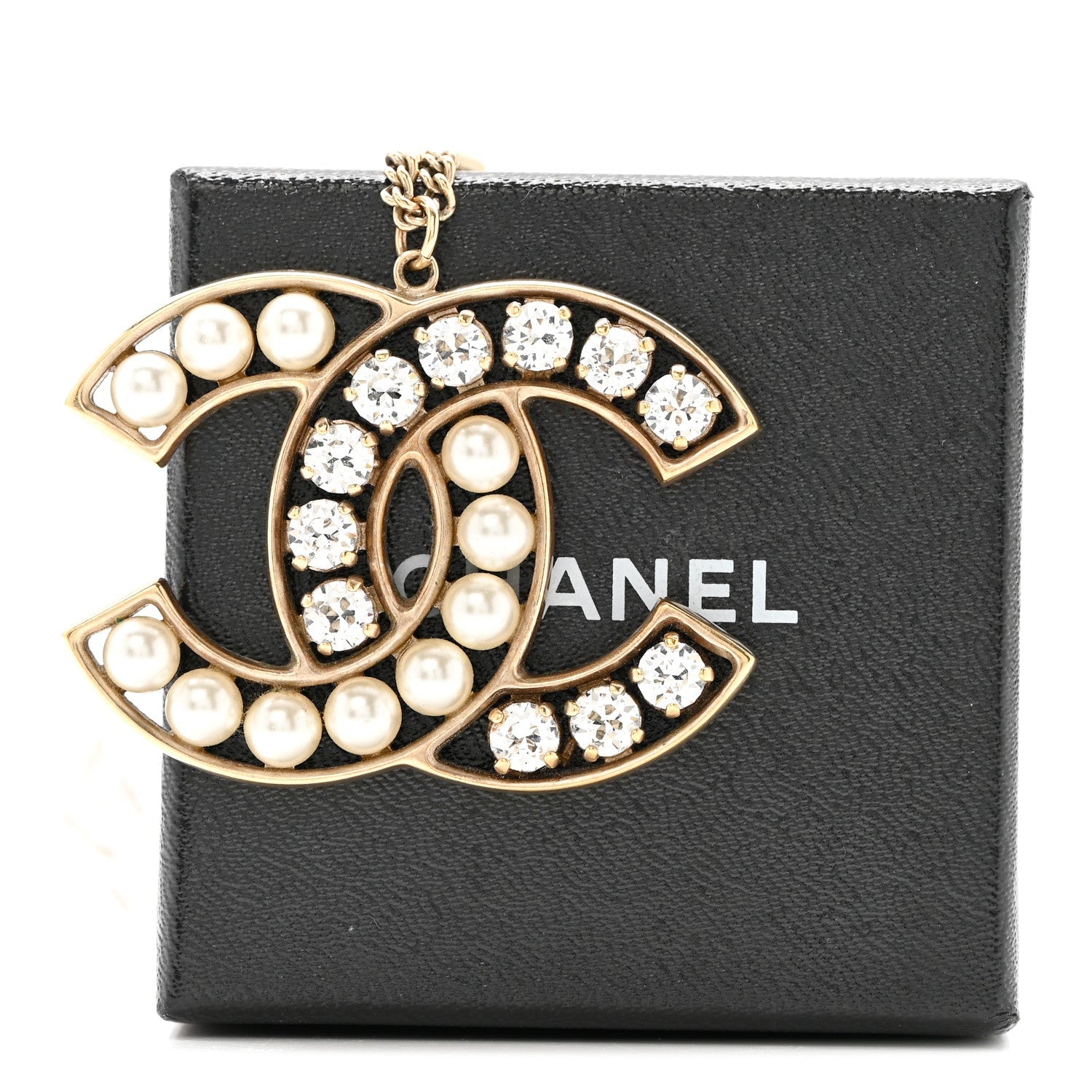 Pearl Crystal CC Pendant Necklace Gold