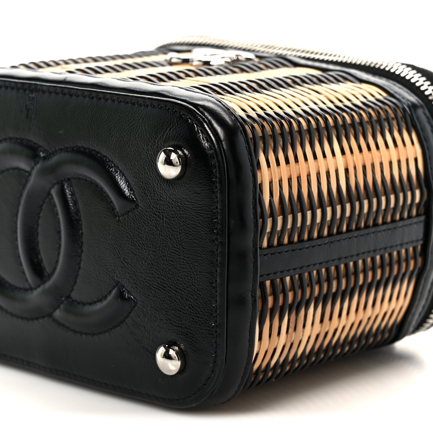 Calfskin Raffia Small Vanity Case Bag Black Beige