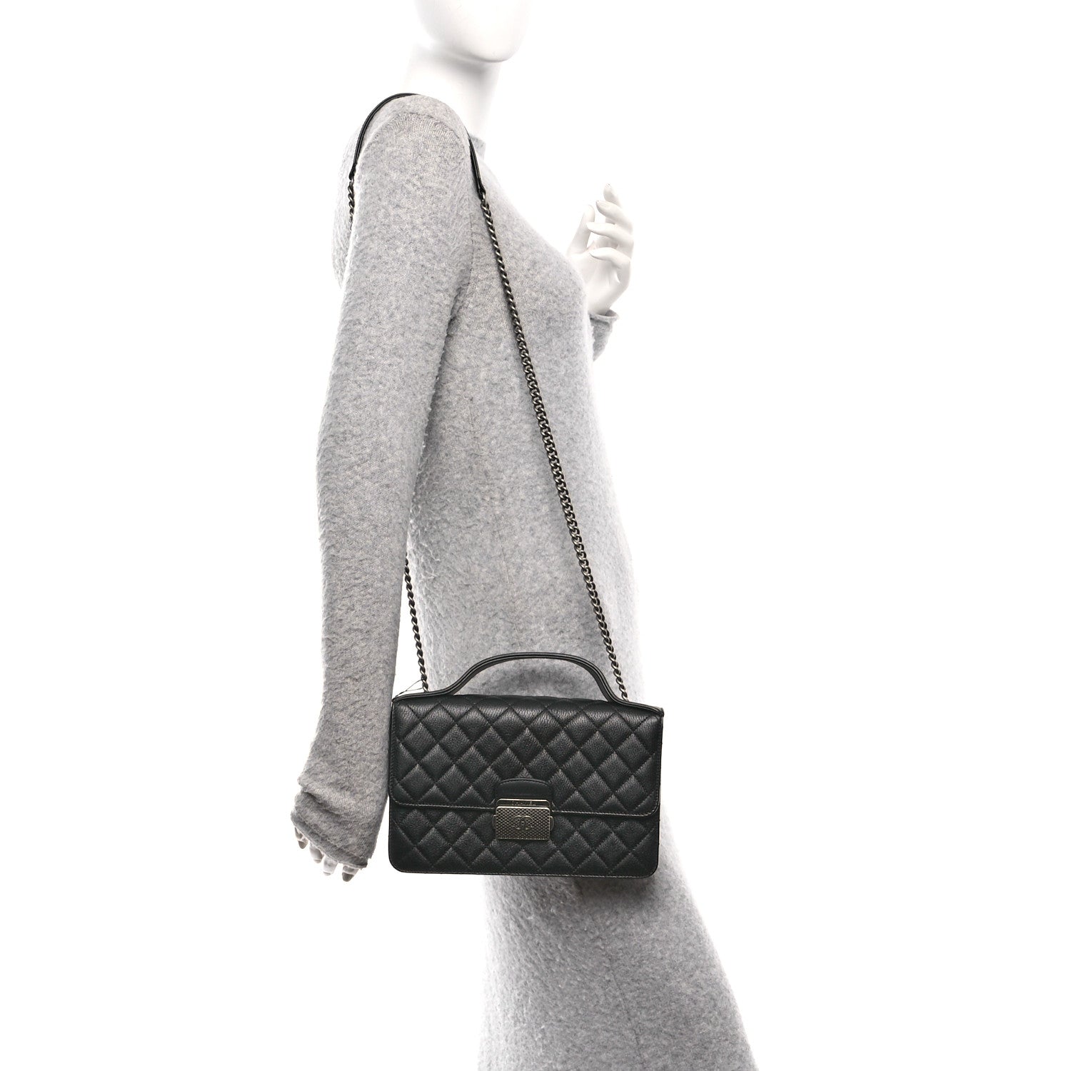 Goatskin Quilted Small CC University Top Handle Flap Black