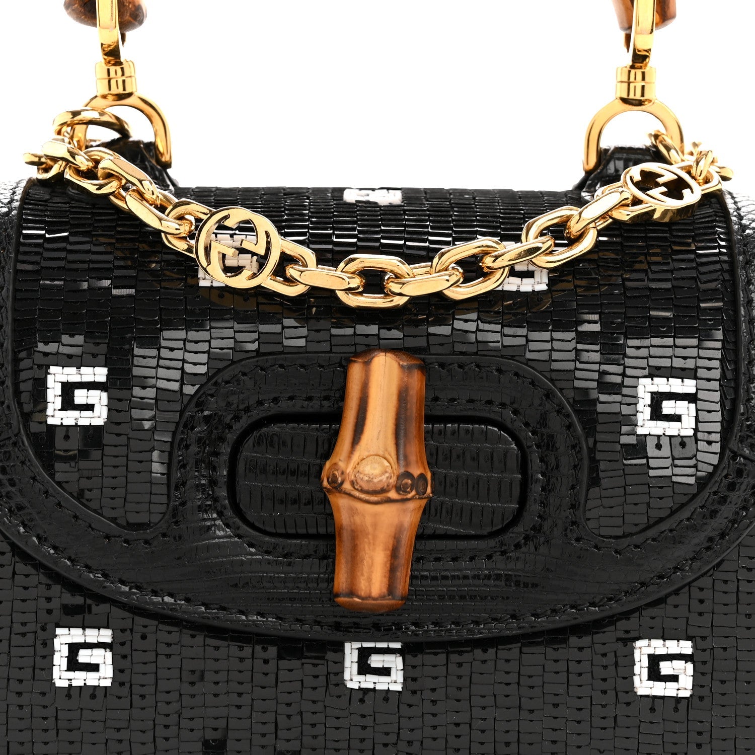 Sequin Lizard Embossed GG Mini Bamboo 1947 Top Handle Chain Bag Black White
