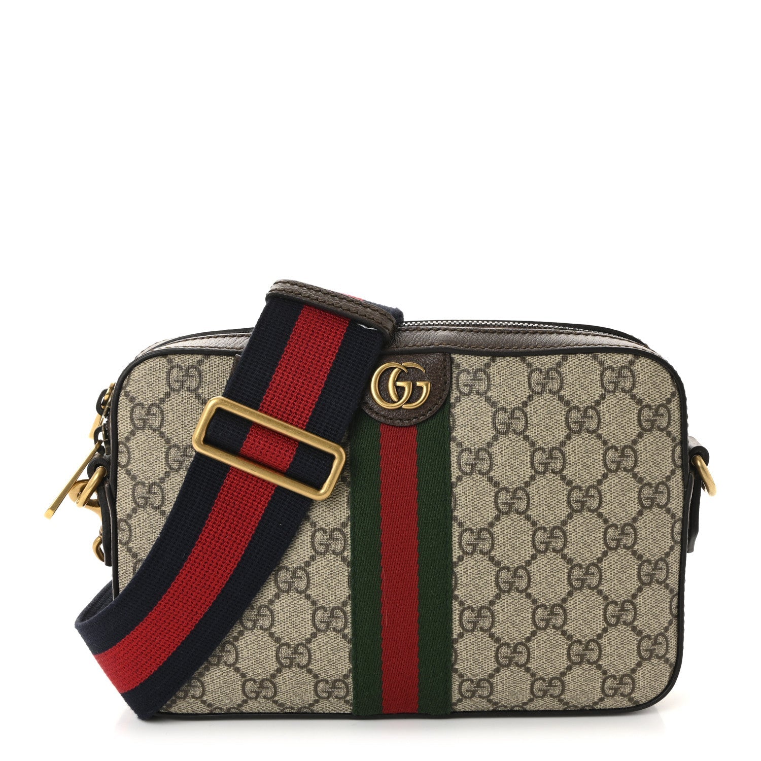 GG Supreme Monogram Textured Dollar Calfskin Web Ophidia Wristlet Shoulder Bag Beige Ebony New Acero