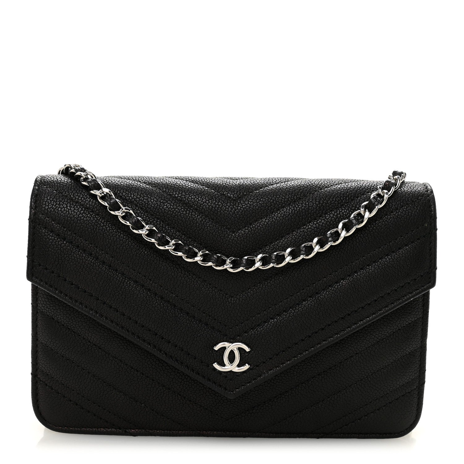 Goatskin Chevron Quilted Statement Wallet On Chain WOC Black