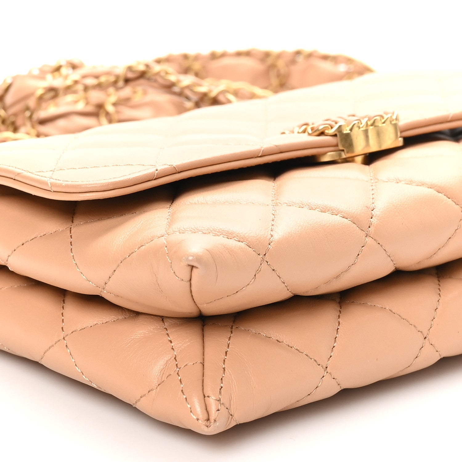 Crumpled Calfskin Quilted Coco First Flap Beige