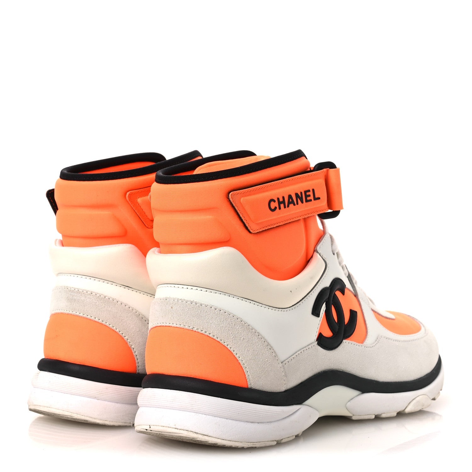Suede Calfskin Lambskin Neoprene High Top CC Sneakers 39 White Fluo Orange