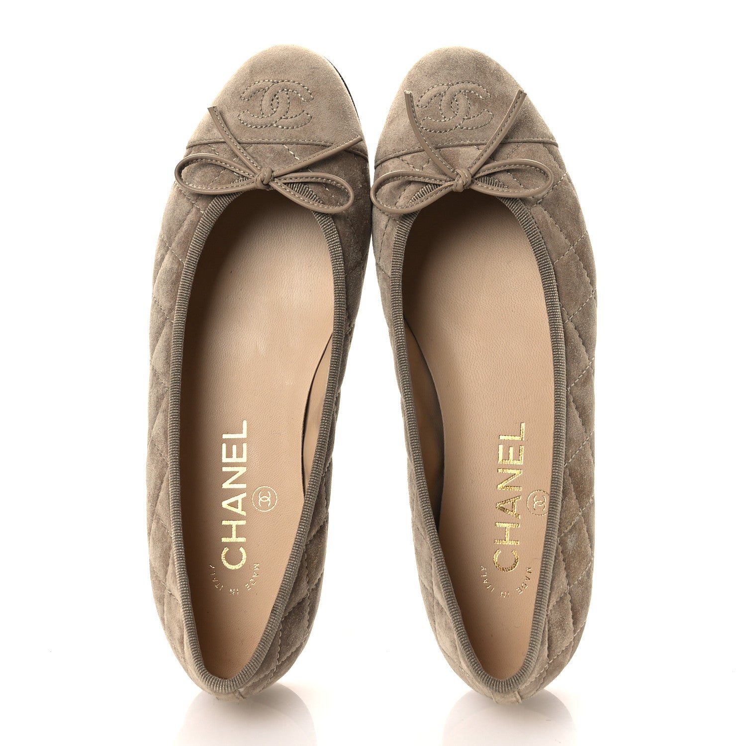 Suede Calfskin Quilted Cap Toe CC Ballerina Flats 36.5 Dark Beige