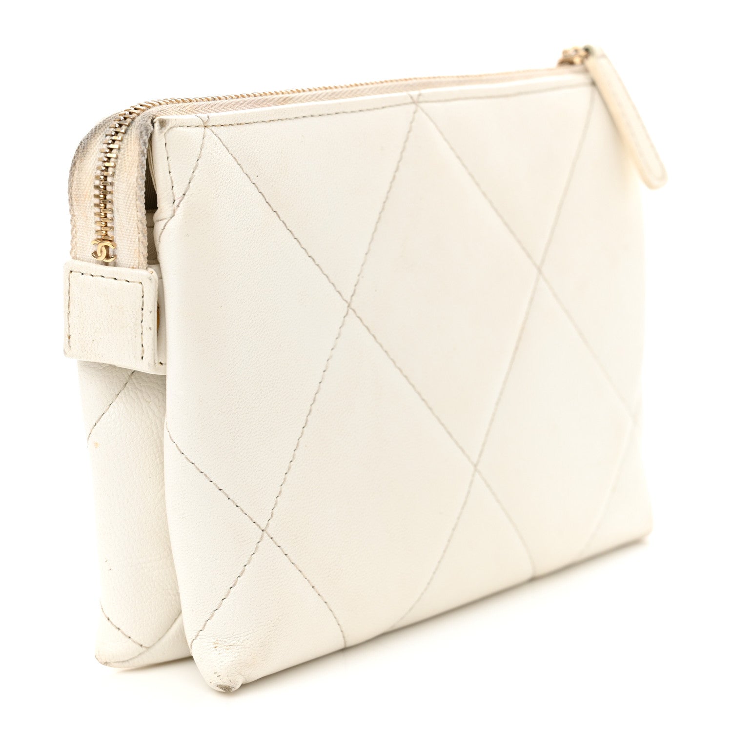 Shiny Goatskin Quilted Chanel 19 Small Pouch With Handle White