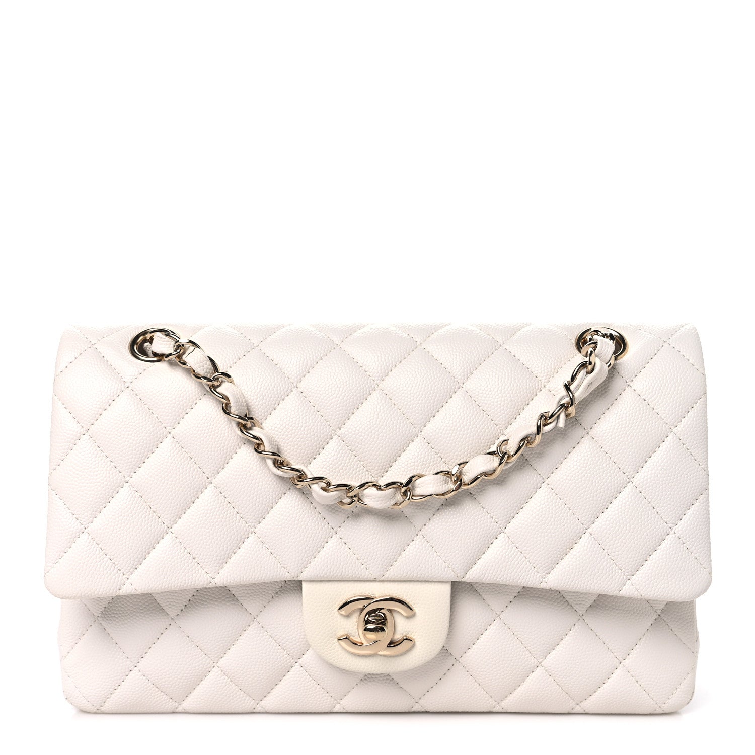 Caviar Quilted Medium Double Flap White