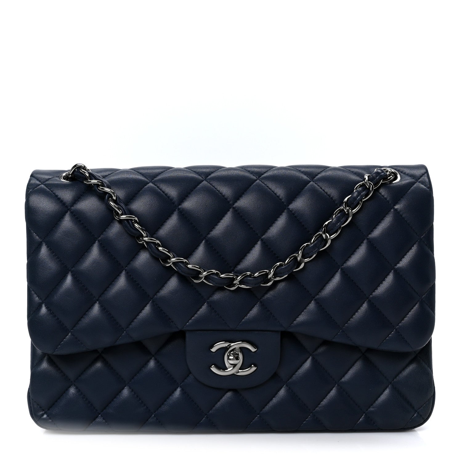 Lambskin Quilted Jumbo Double Flap Navy