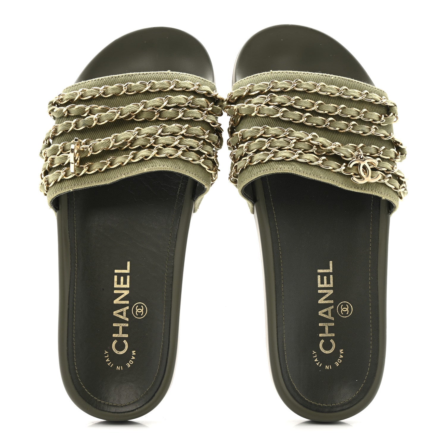 Canvas Chain Flat Sandals 37 Khaki
