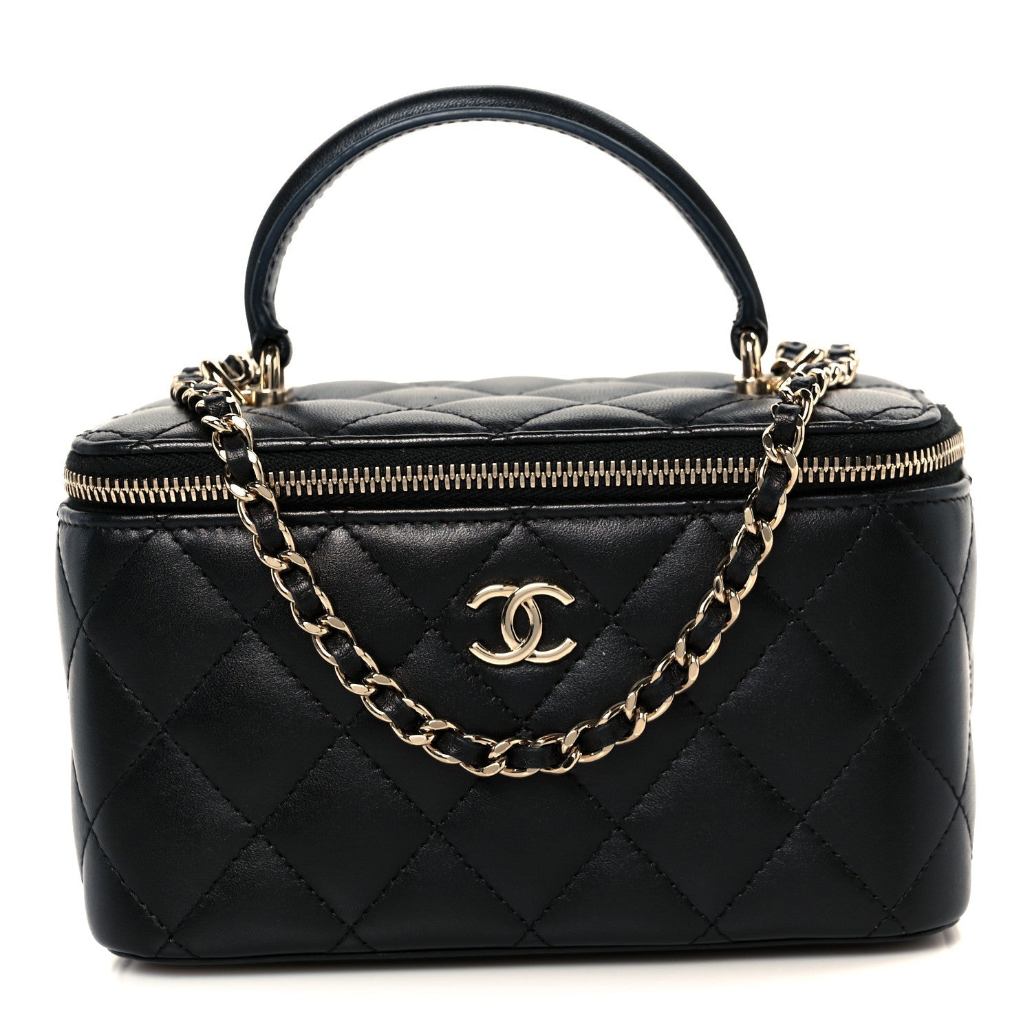 Lambskin Quilted Small Top Handle Vanity Case With Chain Black