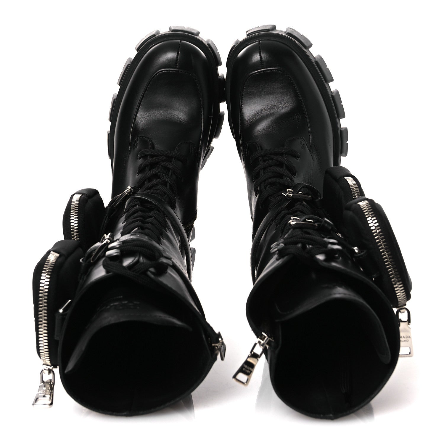 Vitello Lux Nylon Metal Triangle Logo Monolith Pouch Pocket 55mm Tall Combat Boots 38.5 Black