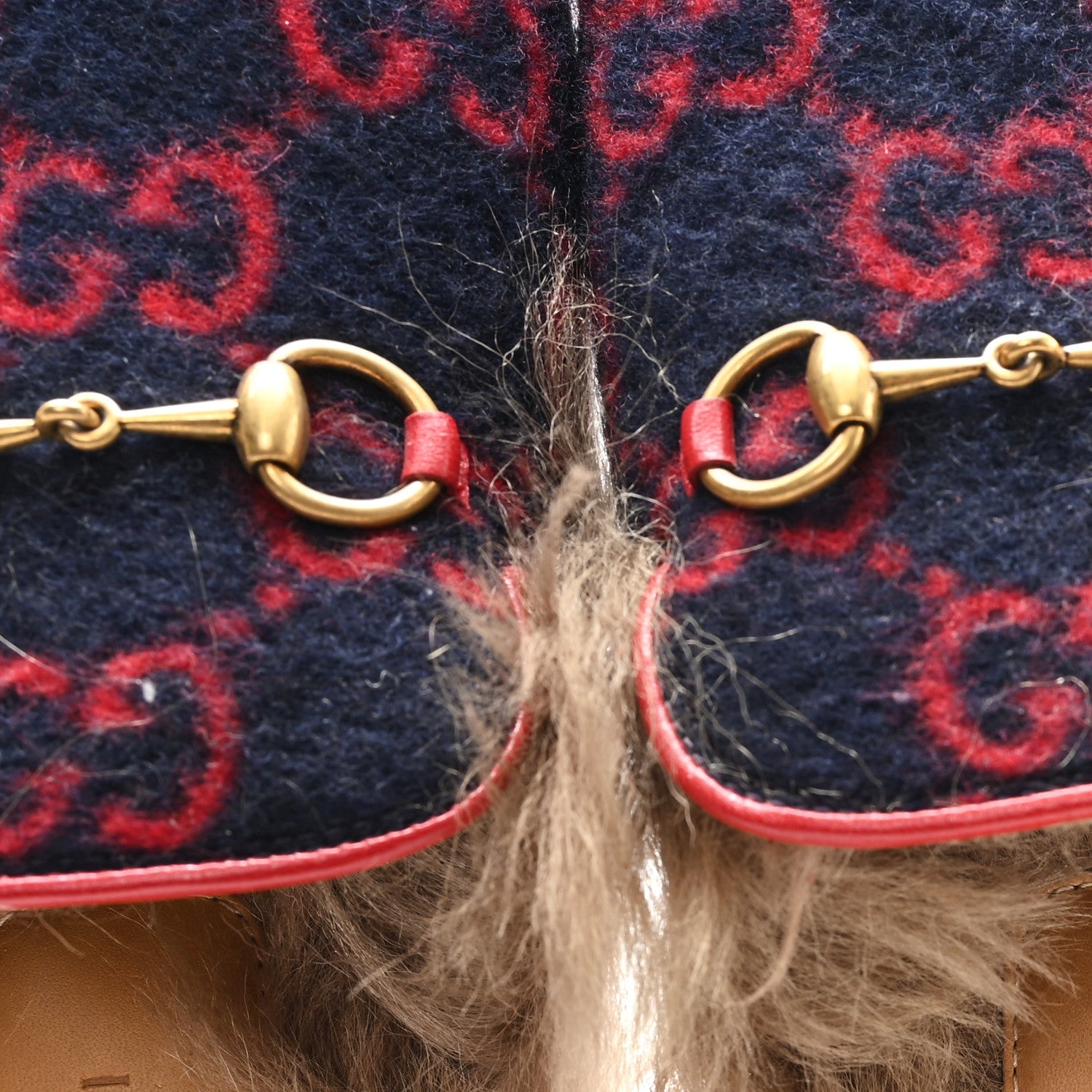 Covered Wool Big GG Monogram Fur Womens Princetown Slippers 36 Blue Red Butterscotch