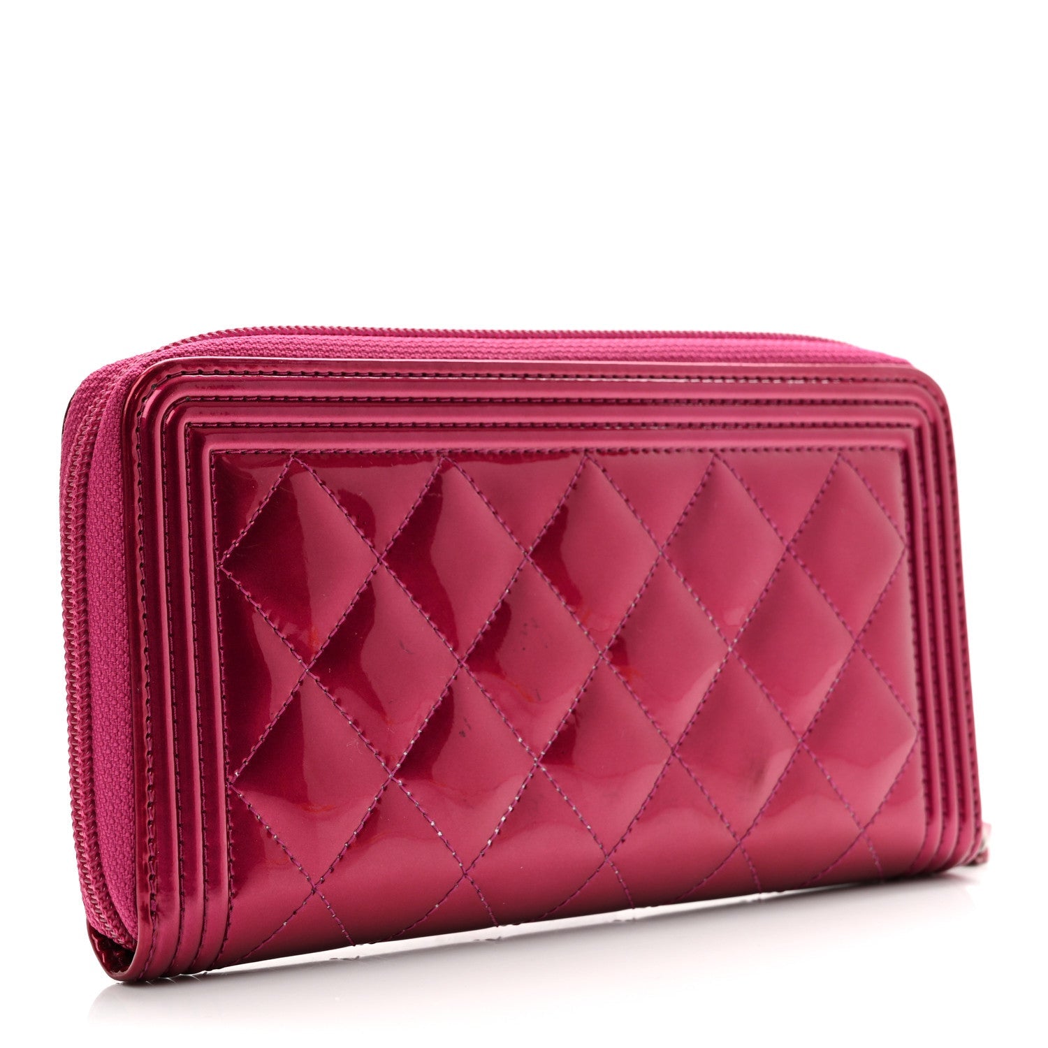 Metallic Patent Calfskin Quilted Boy L-Gusset Zip Wallet Pink
