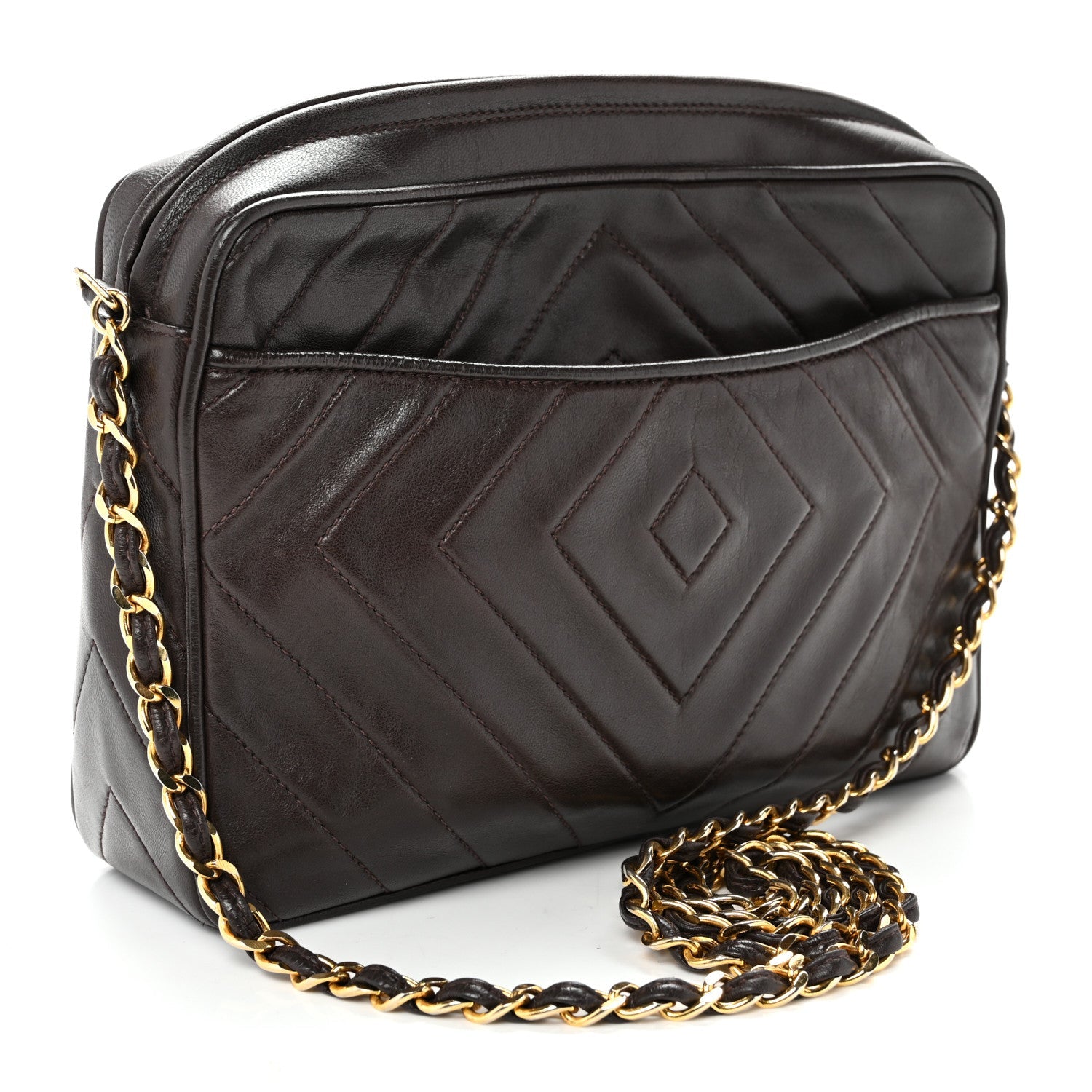 Lambskin Chevron Quilted Tassel Camera Case Brown