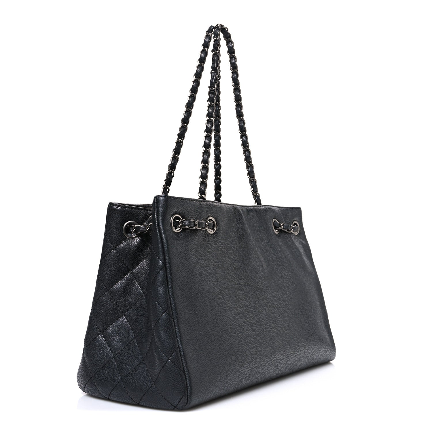 Metallic Grained Calfskin Medium Woven Chain Shopping Bag Black