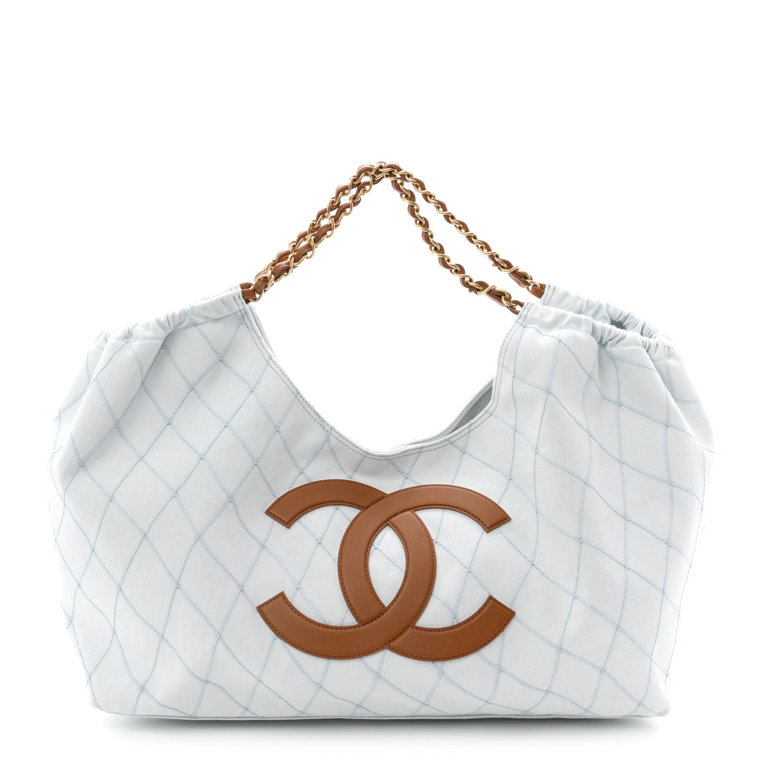 Denim Calfskin Quilted Coco Beach Small Shopping Tote Light Blue Brown