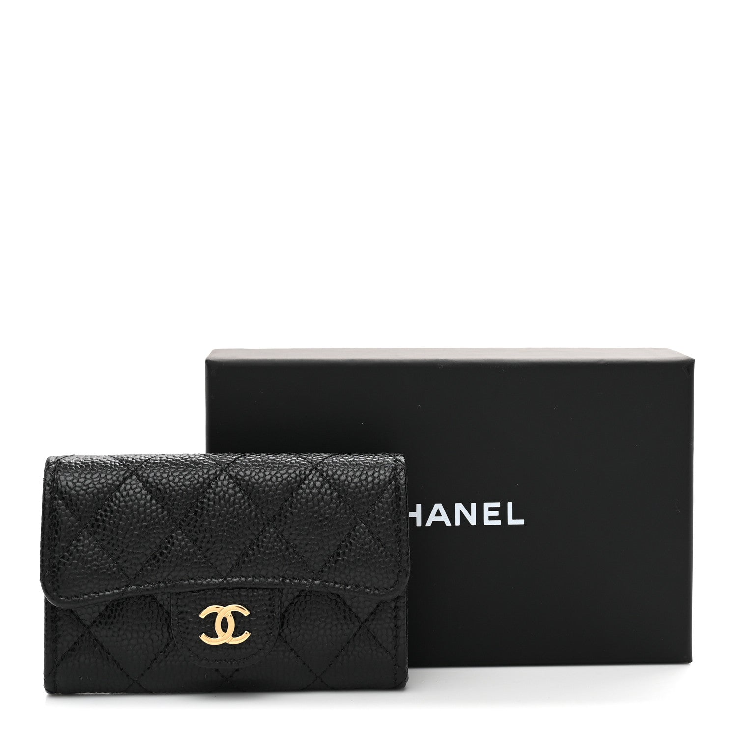 Caviar Quilted Flap Card Holder Wallet Black